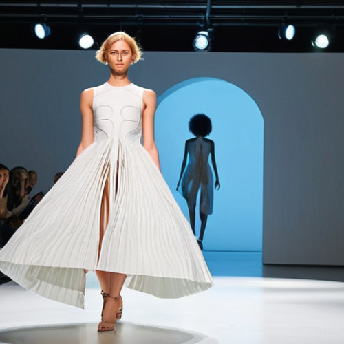Home 11 **
A futuristic fashion show featuring a dress seemingly grown from kombucha culture. The dress should have an organic, flowing design with visible textures reminiscent of cellulose. The background should be a modern, minimalist setting with subtle lighting emphasizing the dress's unique biofabricated qualities. Include elements of laboratory equipment subtly in the background to hint at the biofabrication process. The overall aesthetic should be high-fashion but with an emphasis on sustainability and innovation.
**