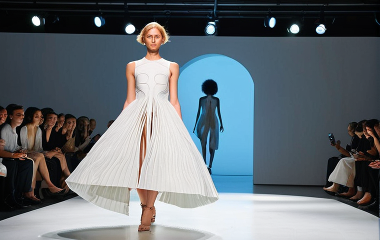 **
A futuristic fashion show featuring a dress seemingly grown from kombucha culture. The dress should have an organic, flowing design with visible textures reminiscent of cellulose. The background should be a modern, minimalist setting with subtle lighting emphasizing the dress's unique biofabricated qualities. Include elements of laboratory equipment subtly in the background to hint at the biofabrication process. The overall aesthetic should be high-fashion but with an emphasis on sustainability and innovation.
**