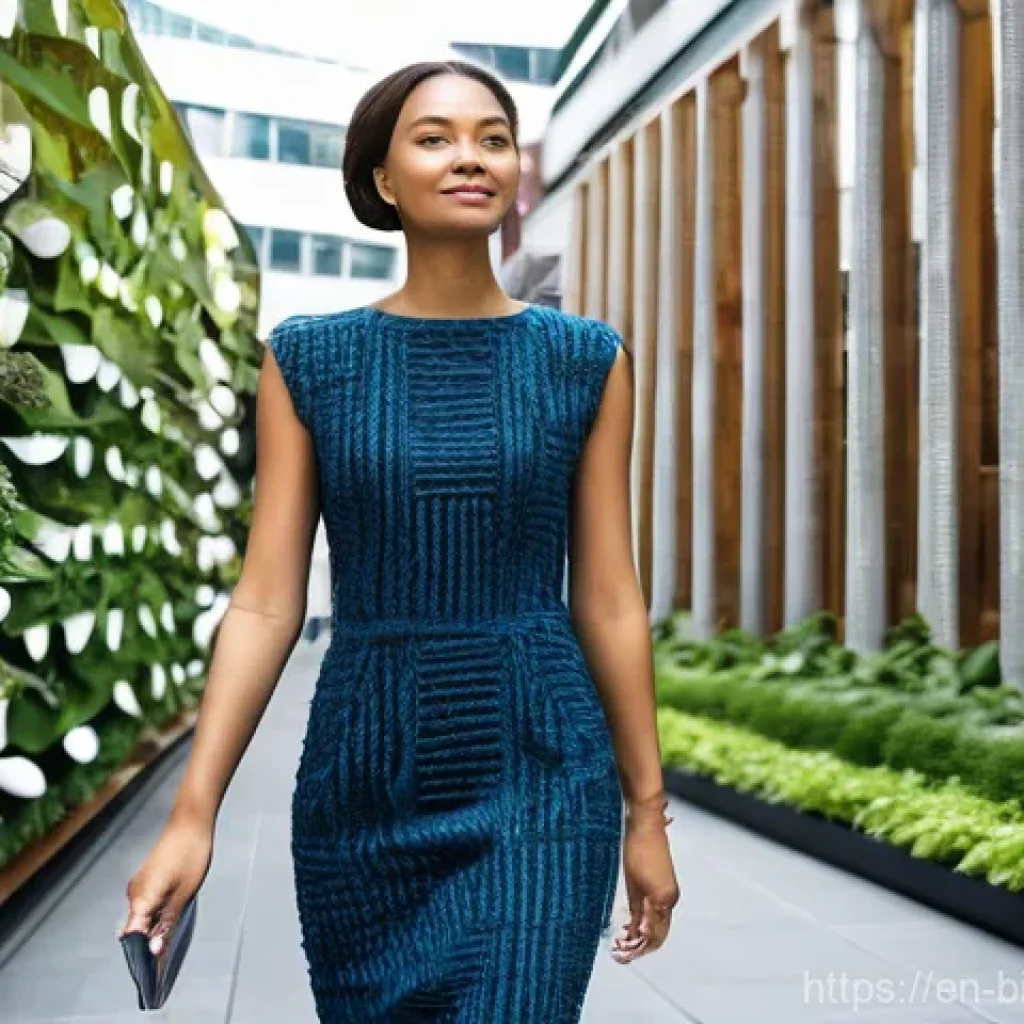 바이오패브릭의 수출 및 진출 전략 - **Prompt:** A chic, confident young woman, dressed in a stylish, form-fitting dress made entirely of...