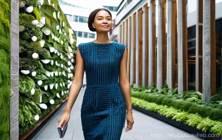 바이오패브릭의 수출 및 진출 전략 - **Prompt:** A chic, confident young woman, dressed in a stylish, form-fitting dress made entirely of...