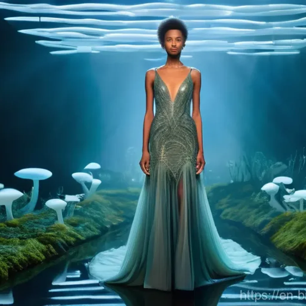 바이오패브릭과 재생 가능 자원 - **"Mycelium Couture Transformation"**: A high-fashion model, wearing an elegant, flowing gown made f...