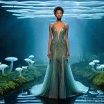 Home 2 바이오패브릭과 재생 가능 자원 - **"Mycelium Couture Transformation"**: A high-fashion model, wearing an elegant, flowing gown made f...