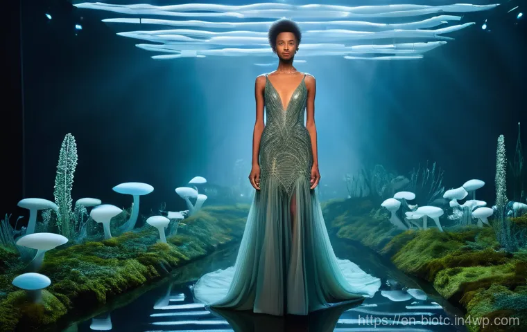 바이오패브릭과 재생 가능 자원 - **"Mycelium Couture Transformation"**: A high-fashion model, wearing an elegant, flowing gown made f...