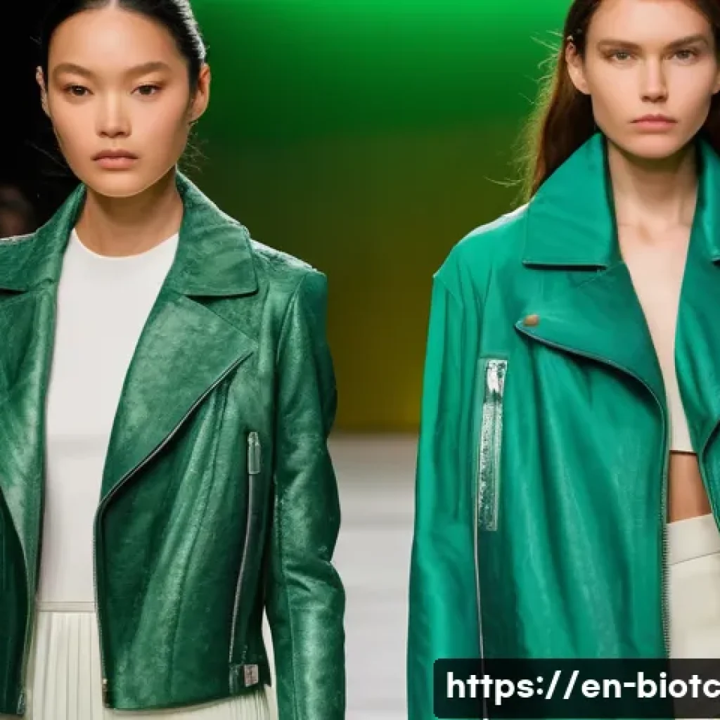 바이오패브릭의 인식 변화 - A high-fashion runway scene showcasing models wearing avant-garde garments crafted from biofabric ma...