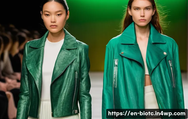 바이오패브릭의 인식 변화 - A high-fashion runway scene showcasing models wearing avant-garde garments crafted from biofabric ma...