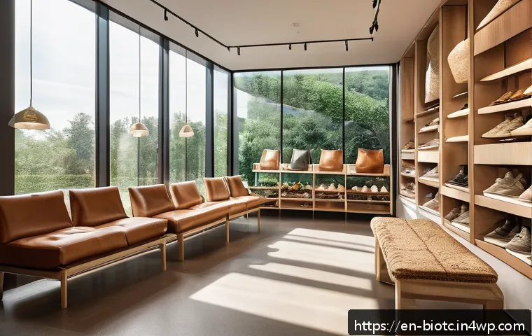 바이오패브릭의 성공적인 마케팅 사례 - A high-resolution image of a modern eco-friendly fashion boutique interior, featuring displays of bi...