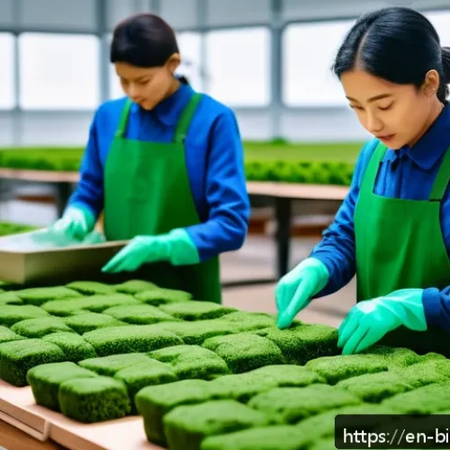 바이오패브릭과 생태계 보전의 연관성 - A futuristic eco-friendly packaging factory scene showing workers handling lightweight, durable myce...