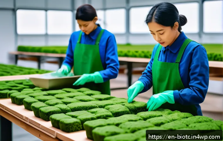 바이오패브릭과 생태계 보전의 연관성 - A futuristic eco-friendly packaging factory scene showing workers handling lightweight, durable myce...