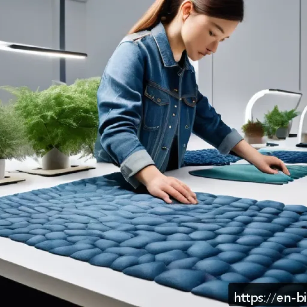 바이오패브릭을 이용한 업사이클링 패션 - A futuristic fashion studio showcasing a designer working with biofabric materials such as mushroom ...