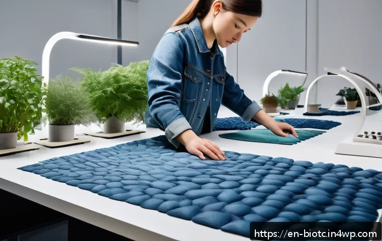 바이오패브릭을 이용한 업사이클링 패션 - A futuristic fashion studio showcasing a designer working with biofabric materials such as mushroom ...