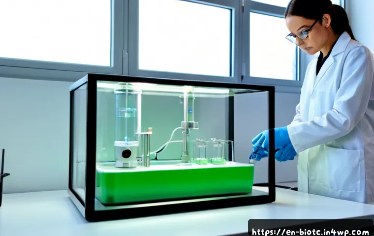 바이오패브릭 기술의 에너지 효율성 - Photorealistic modern biofabrication laboratory, a clear glass bioreactor growing a soft sheet of su...